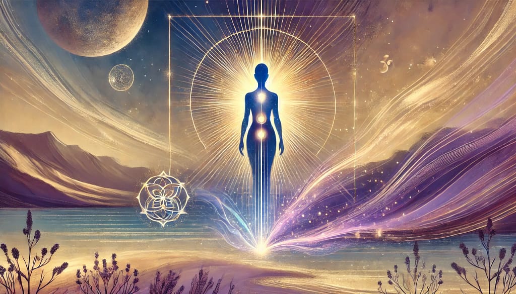 A mystical landscape image showing four symbolic layers of energy—essence, emotion, aura, and outer brand presence—set against a cosmic background.