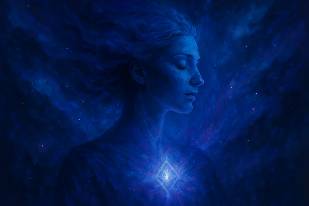 Cosmic visionary art featuring deep blues and purples, symbolizing leadership visibility, Human Design branding, and energetic embodiment for business growth; created for Brand Alchemi by Renata Clarke.