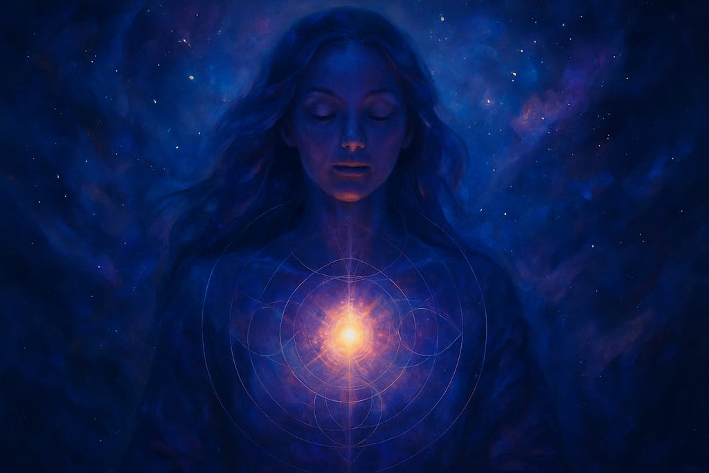 Cosmic visionary art in deep blues and purples symbolizing Human Design branding, energetic leadership, and authentic visibility; created for Brand Alchemi by Renata Clarke.