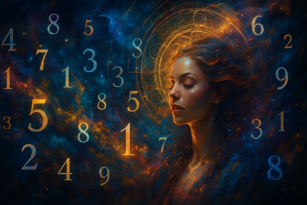 Ethereal digital painting created by Renata Clarke, depicting a cosmic, mystical woman surrounded by vibrant celestial clouds and floating numbers. The image blends bold, vibrant colors with complex, spiritual elements, embodying the fusion of numerology and branding energy.