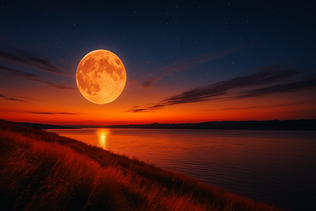 A vivid twilight landscape captured by Renata Clarke, showing a glowing full moon rising over calm waters—symbolising cosmic timing, energetic branding, and lunar alignment in soul-led business strategy.
