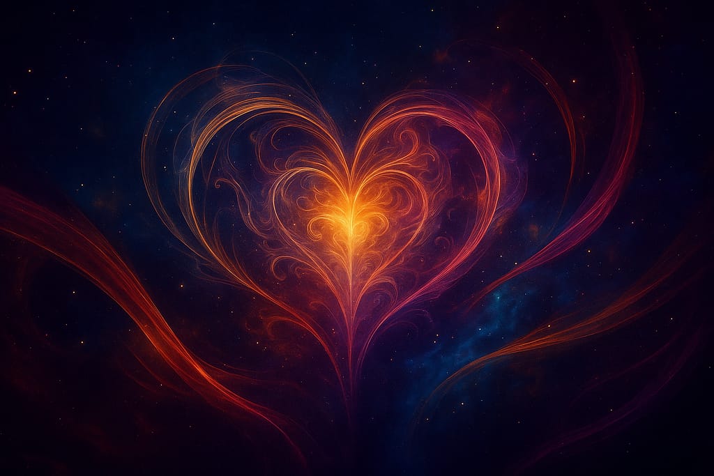 A digital artwork featuring an ethereal heart-shaped light source radiating over a cosmic background. The image evokes emotional depth, soul alignment, and energetic resonance, created for Renata Clarke of Brand Alchemi. It visually represents emotional branding, subconscious alignment, and the Soul Urge Number in business energetics.