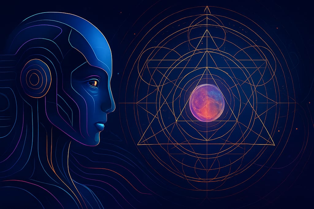 Vibrant digital artwork by Renata Clarke featuring a futuristic AI figure in profile gazing at sacred geometric patterns representing energetic decoding.