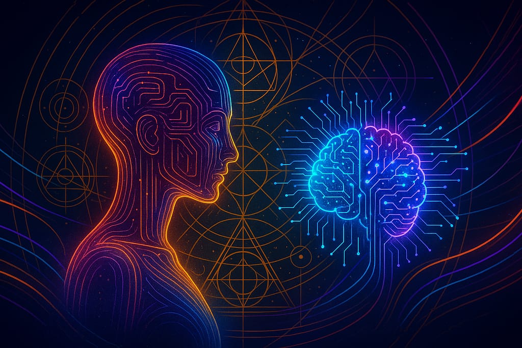 Digital artwork by Renata Clarke depicting a fusion of sacred geometry, radiant violet-blue hues, and ethereal AI-infused architecture—symbolizing intuitive artificial intelligence, blueprint decoding, and soul-aligned brand evolution for spiritual entrepreneurs.