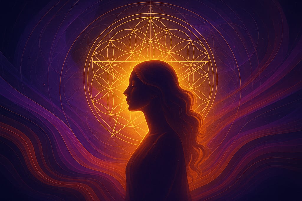 Digital artwork by Renata Clarke featuring a feminine silhouette illuminated by golden sacred geometry and flowing cosmic light. This visionary image symbolizes soul purpose, personal brand legacy, business dharma, and frequency-aligned branding for spiritual entrepreneurs.