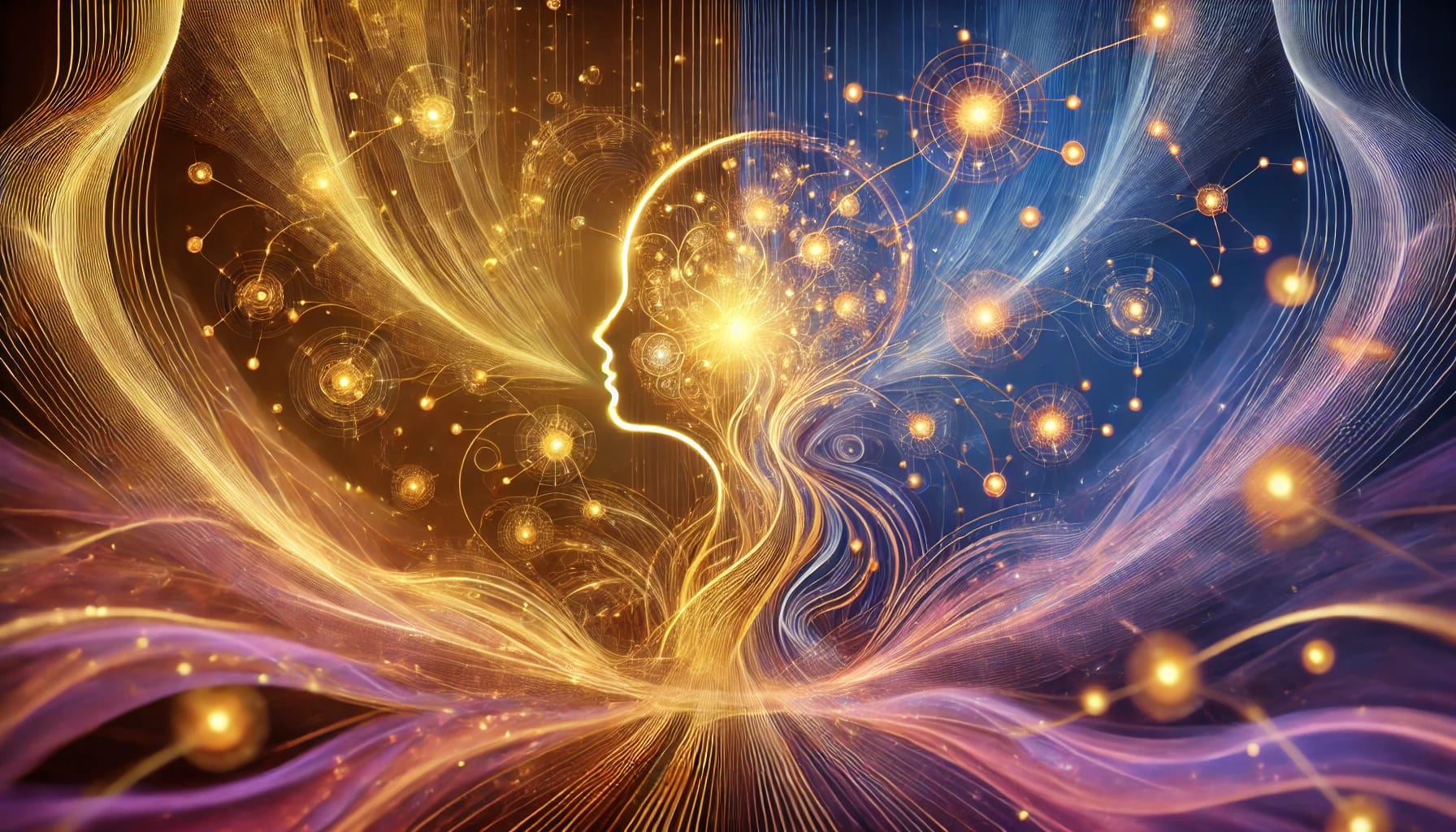 Abstract representation of spiritual branding and transformation by Renata Clarke, founder of Brand Alchemy and creator of Quantum Essence Branding. The image features golden lines and glowing spheres, symbolizing the Gene Keys system and self-discovery, set against a gradient background.