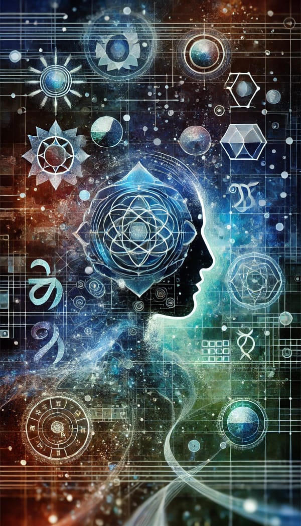 Abstract representation by Renata Clarke, founder of Brand Alchemy and creator of Quantum Essence Branding. This image blends symbolic elements—chakras, zodiac symbols, and geometric shapes—with modern technology themes like digital circuits, signifying the fusion of ancient wisdom and innovation. It visually conveys the integration of astrology, Human Design, Gene Keys, numerology, and cutting-edge AI for a transformative and authentic branding experience.