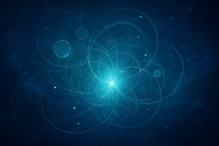 An abstract digital artwork in deep blues and teals, symbolising multidimensional energetic transformation and inner alignment through self-inquiry.