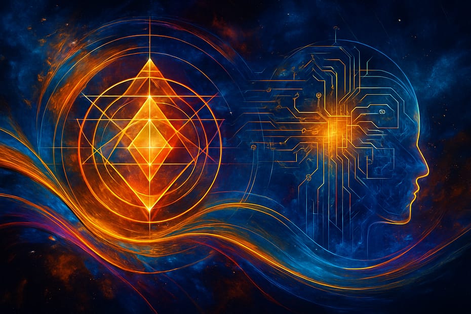 A cosmic, precision-inspired landscape digital artwork featuring layered energetic fields, clean abstract geometry, and a palette of deep purples, golds, teals, and soft blues. Created for Renata Clarke of Brand Alchemi, the image represents the sophisticated fusion of intuitive branding, AI-driven energetic insight, and structured soul-led strategy. The overall aesthetic conveys clarity, multidimensionality, and spiritual precision—ideal for universal use across transformational branding content.