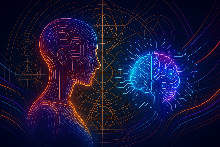 Digital artwork by Renata Clarke depicting a fusion of sacred geometry, radiant violet-blue hues, and ethereal AI-infused architecture—symbolizing intuitive artificial intelligence, blueprint decoding, and soul-aligned brand evolution for spiritual entrepreneurs.